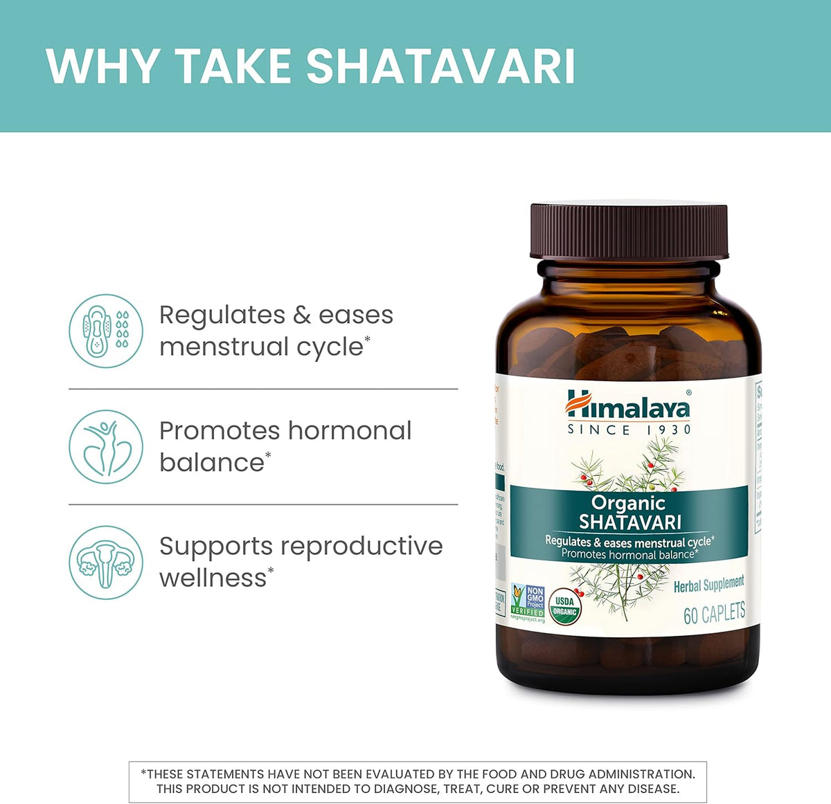 Himalaya USDA Organic Shatavari Capsules - Shatavari Capsules for Women, Promotes Hormone Balance and Menstrual Cramp Relief - Vegan, Gluten Free, 1300 mg, 60 Caplets