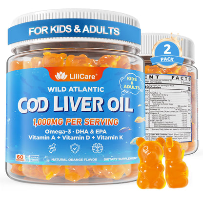 Cod Liver Oil Gummies 1000mg for Kids & Adults - w/Omega 3 (EPA & DHA), Vitamins A, D3 & K2 - Cod Liver Oil Omega 3 Gummies for Immune, Brain & Cognitive Support, SugarFree, Orange Flavor, 120Cts