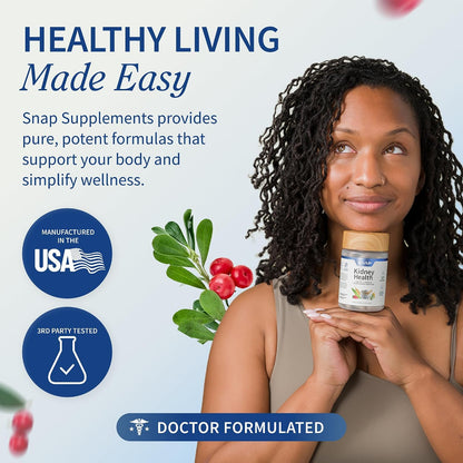 Snap Supplements Kidney Health Support Supplement for Women & Men, 60 Count | Organic Cranberry Extract, Grape Seed Extract, Urinary Tract Support, Non-GMO Vegan Formula