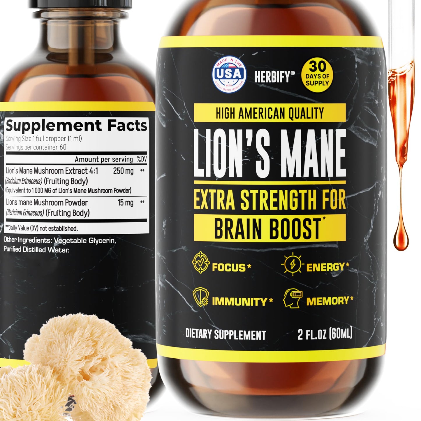 HERBIFY Lions Mane Supplement - Daily Mushroom Supplement for Memory, Focus & Clarity - Brain Booster - Lions Mane Tincture for Immune Support - 4 Fl oz