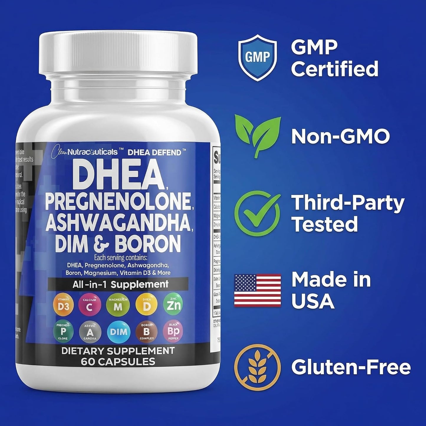 DHEA 200mg Supplement Pregnenolone 100mg for Men & Women with DIM Ashwagandha Boron 6mg Complex Calcium Magnesium Zinc 50mg Vitamin D3 5000 IU Hormone Support Capsules Pills Made in USA 60 Count