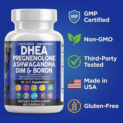 DHEA 200mg Supplement Pregnenolone 100mg for Men & Women with DIM Ashwagandha Boron 6mg Complex Calcium Magnesium Zinc 50mg Vitamin D3 5000 IU Hormone Support Capsules Pills Made in USA 60 Count
