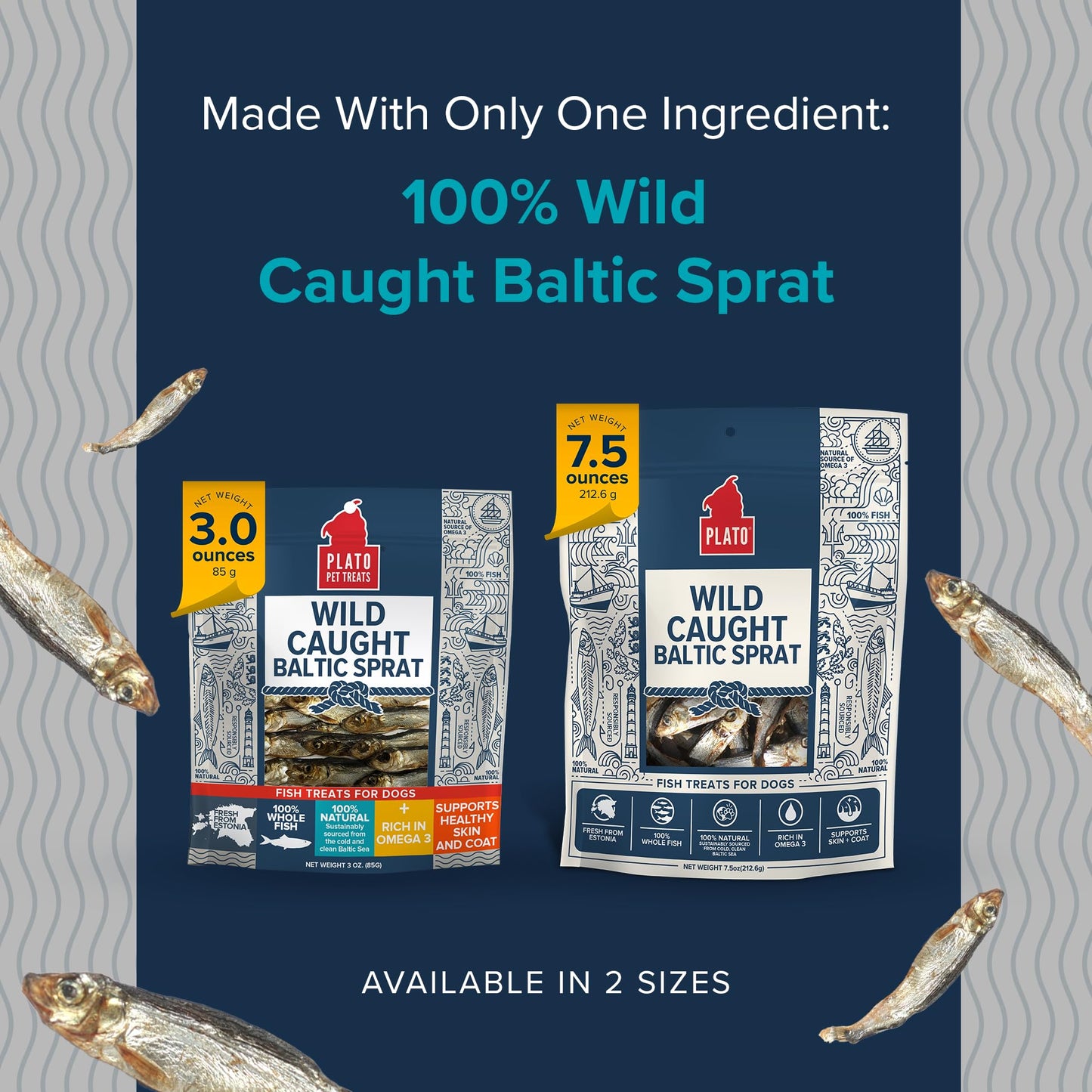 Plato Pet Treats Fish Dog Treats - Air-Dried, Single Ingredient Pet Treat - Omega 3 & 6 Fatty Acids to Support Skin and Coat - 100% Whole Fish - Wild Caught Baltic Sprat - 3 oz - 2 Pack