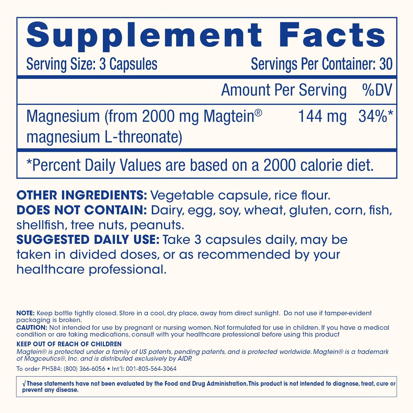 Magnesium L-Threonate Supplement (Magtein), 90 Capsules | Clinically Supported for Brain Health | Optimize Learning, Memory & Focus | 3rd Party Tested (3 Pack)