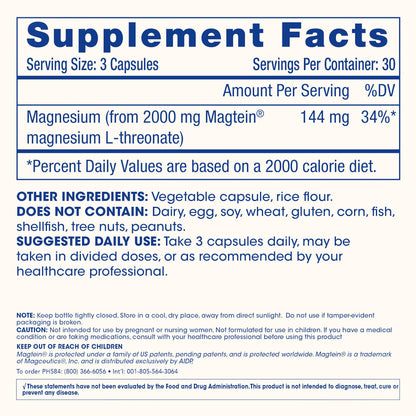 Magnesium L-Threonate Supplement (Magtein), 90 Capsules | Clinically Supported for Brain Health | Optimize Learning, Memory & Focus | 3rd Party Tested (3 Pack)