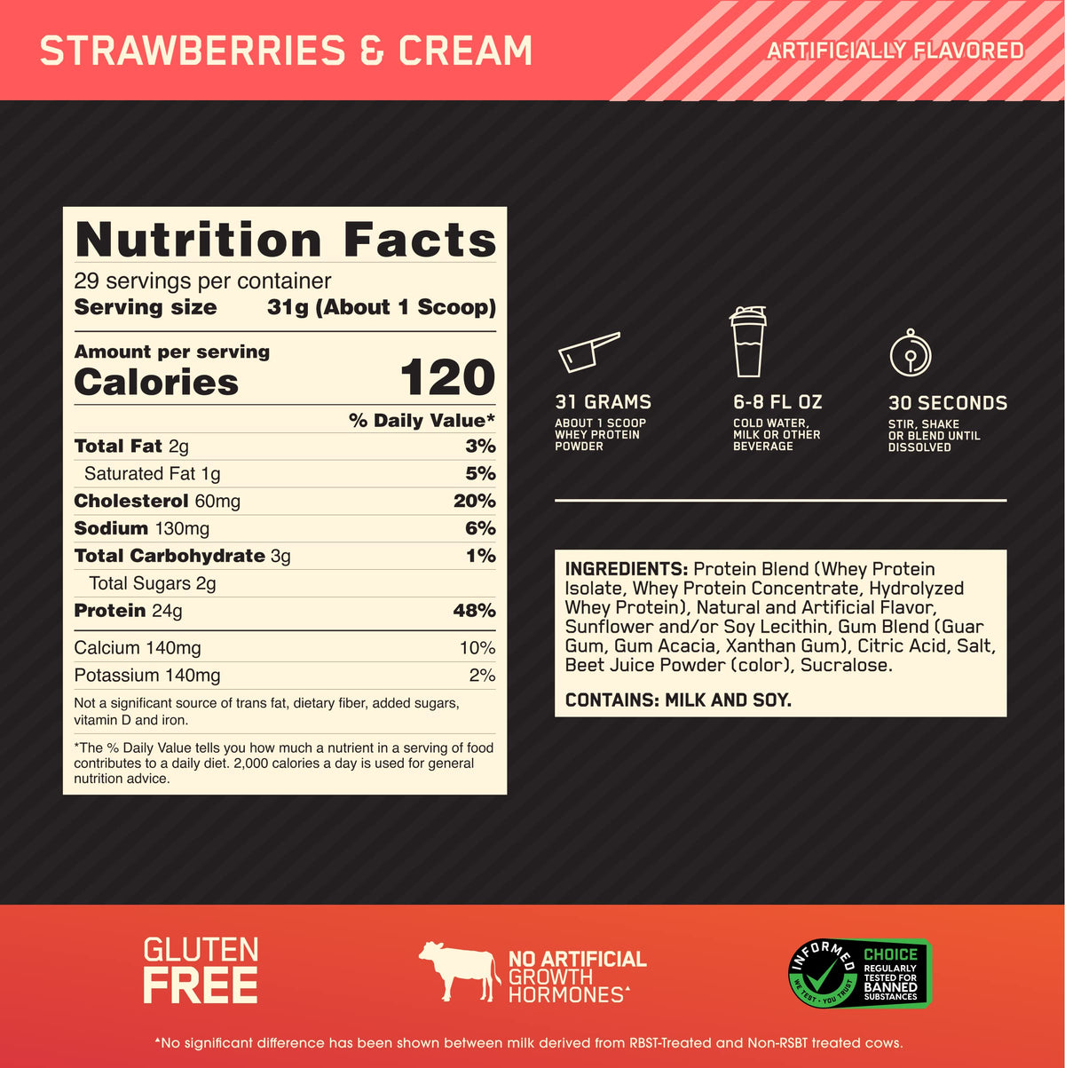 Optimum Nutrition Gold Standard 100% Whey Protein Powder, Strawberries & Cream