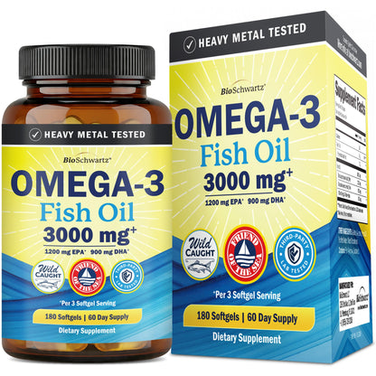 Triple Strength Omega 3 Fish Oil 3000mg for Women and Men, 90 Softgels