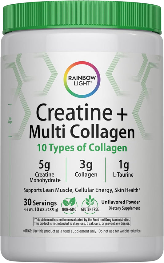 Rainbow Light Creatine + Multi Collagen | 10 Ounce | 5g Creatine Monohydrate Plus 10 Types of Collagen | Supports Lean Muscle, Cellular Energy & Skin Health | Unflavored Powder