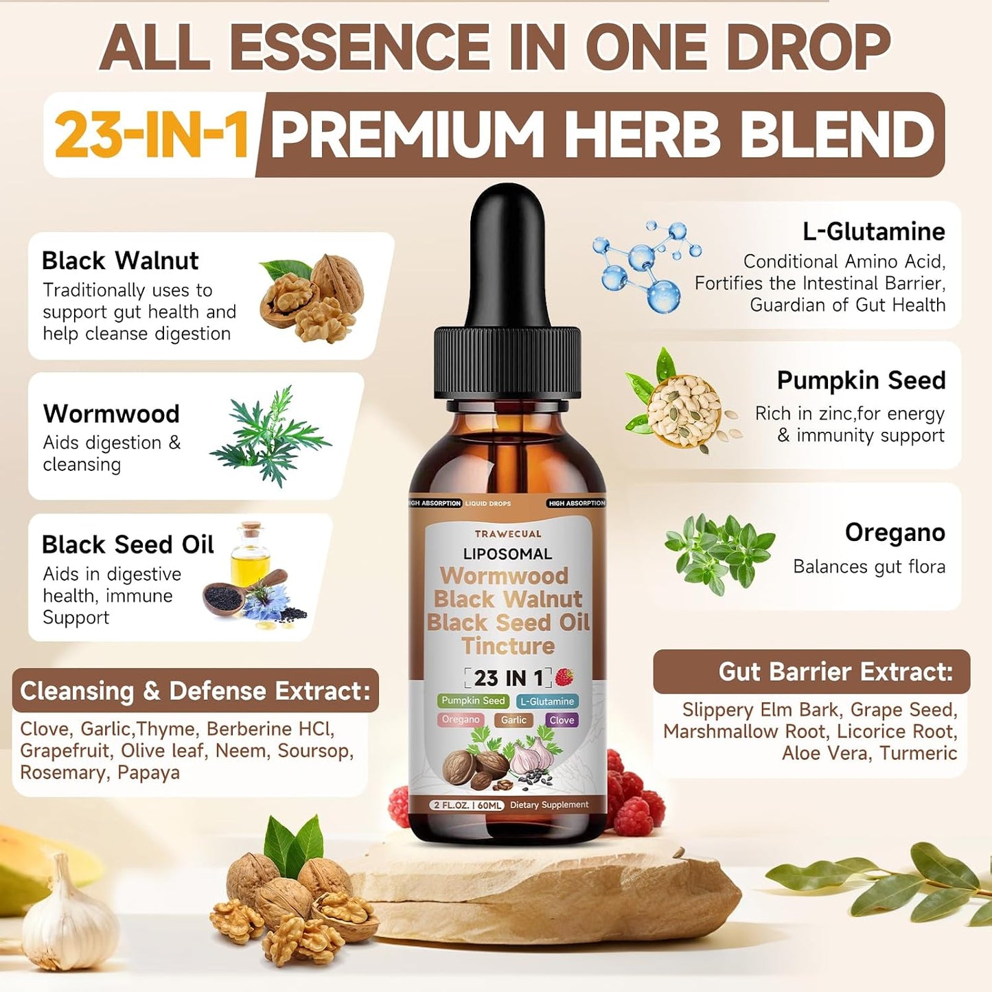 Wormwood Black Walnut Clove Cleanse Drops with Black Seed Oil, Pumpkin Seed, Oregano, Soursop, Neem, Berberine, Garlic, Rapid Gut Detox, Digestive & Gut Barrier Health, 23-in-1 with Liposomal, 2FL