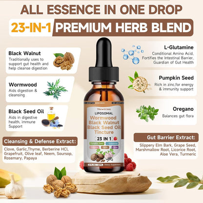 Wormwood Black Walnut Clove Cleanse Drops with Black Seed Oil, Pumpkin Seed, Oregano, Soursop, Neem, Berberine, Garlic, Rapid Gut Detox, Digestive & Gut Barrier Health, 23-in-1 with Liposomal, 2FL