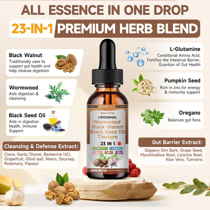 Wormwood Black Walnut Clove Cleanse Drops with Black Seed Oil, Pumpkin Seed, Oregano, Soursop, Neem, Berberine, Garlic, Rapid Gut Detox, Digestive & Gut Barrier Health, 23-in-1 with Liposomal, 2FL