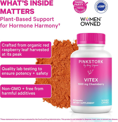 Pink Stork Organic Vitex, 1000 mg, 60 Vegan Capsules | Chaste Tree Berry, Plant-Based Support, Perimenopause & Hormonal Harmony, Supports Cycle Regularity & Hormone Balance
