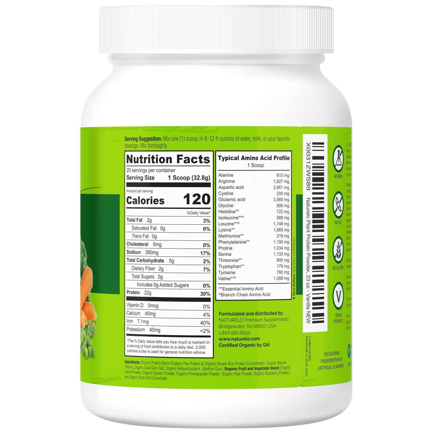 NATURELO Plant Protein Powder, Vanilla, 22g Protein - Non-GMO, Vegan, No Gluten, Dairy, or Soy - No Artificial Flavors, Synthetic Coloring, Preservatives, or Additives - 20 Servings