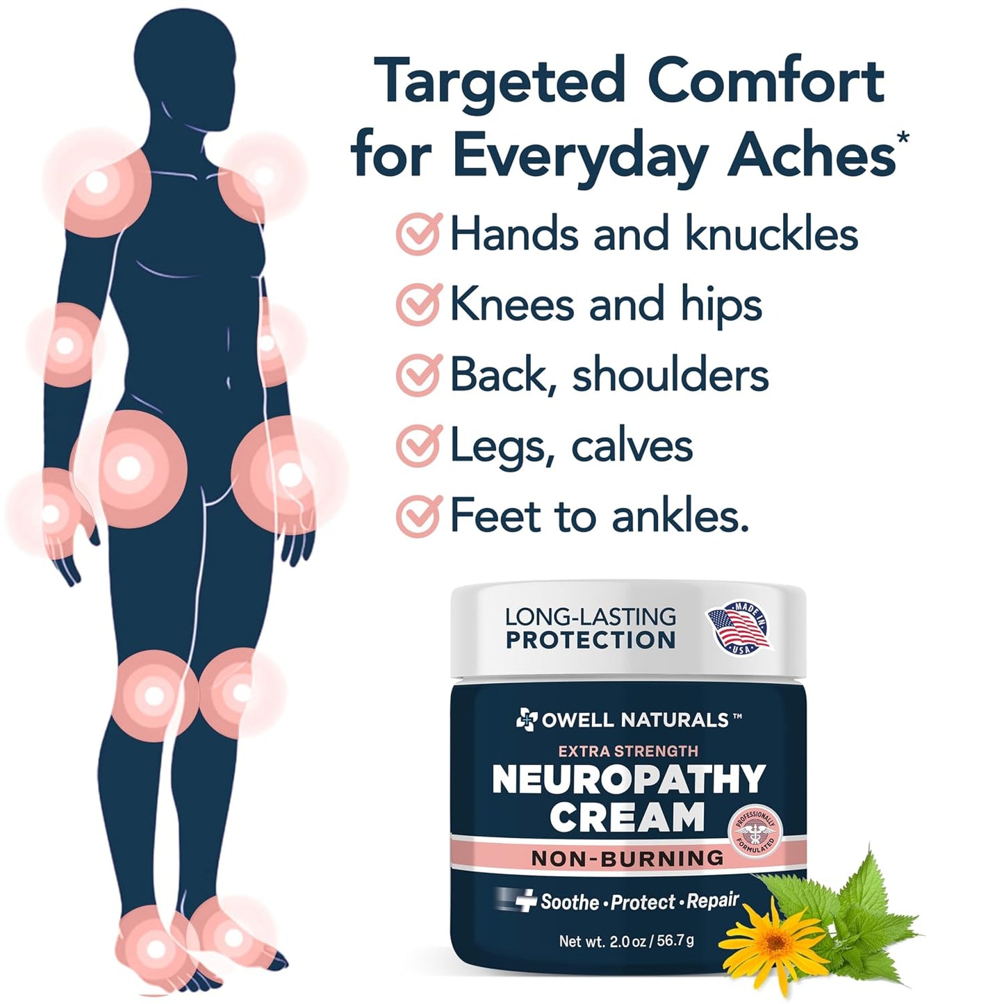 Owell Naturals Neuropathy Cream – Extra Strength Fast-Acting Comfort for Feet, Hands & Legs – Non-Burning Soothing Formula with Arnica – Cooling Skin Relief Cream, 2 oz