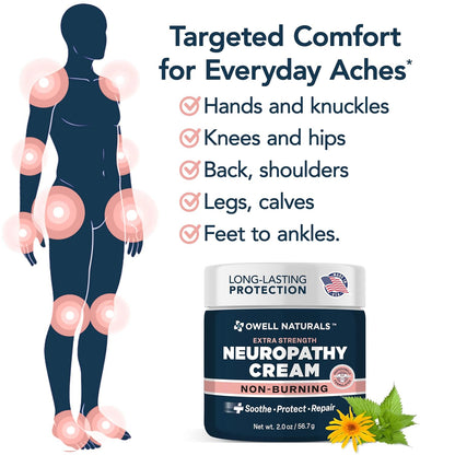 Owell Naturals Neuropathy Cream – Extra Strength Fast-Acting Comfort for Feet, Hands & Legs – Non-Burning Soothing Formula with Arnica – Cooling Skin Relief Cream, 2 oz