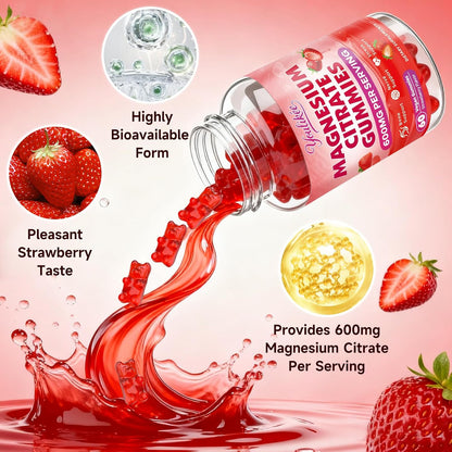 Magnesium Citrate Gummies, High Absorption Magnesium Gummies for Adults | Magnesium Supplement for Relaxation, Vegan, Sugar-Free, Strawberry Flavor, 60 Count