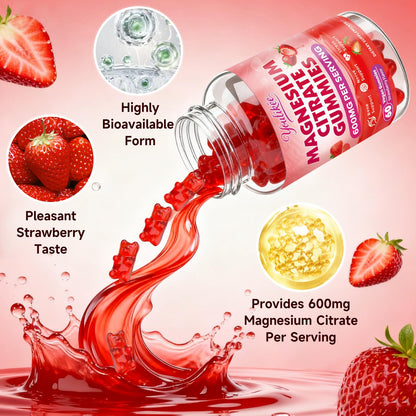 Magnesium Citrate Gummies, High Absorption Magnesium Gummies for Adults | Magnesium Supplement for Relaxation, Vegan, Sugar-Free, Strawberry Flavor, 60 Count
