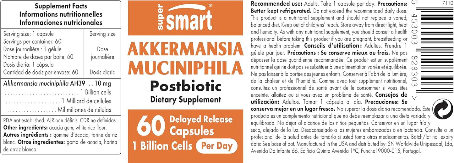 Supersmart Akkermansia Muciniphila 1 Billion TFU per Day (Pasteurized Probiotic) - Enhanced Absorption - Postbiotic Supplement | Non-GMO & Gluten Free - 60 Delayed Release Capsules