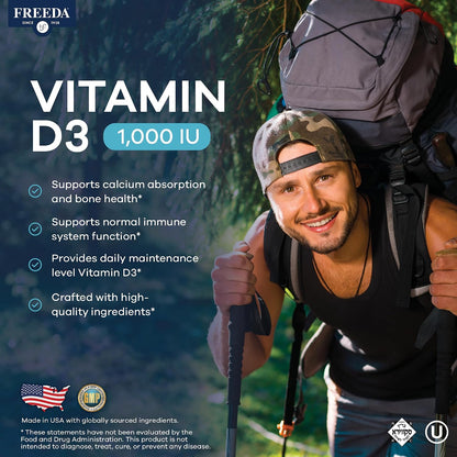 FREEDA Vitamin D3-1000 IU - Pure High Potency Kosher Supplement Tablets - Bone and Muscle Health, Calcium Absorption, Immune Support for Men and Women* - 100 Count | Supports Bone, Muscle & Immune Health – Helps Calcium Absorption – Easy-to-Swallow Tiny T
