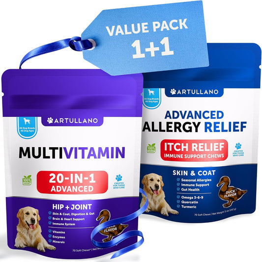 20 in 1 Dog Multivitamin + Allergy Relief Chews Bundle - Vitamins for Hip & Joint Support, Immunity, Mobility - Omega 3 for Skin & Coat, Anti-Itch, Hot Spots Treatment, Seasonal Allergy