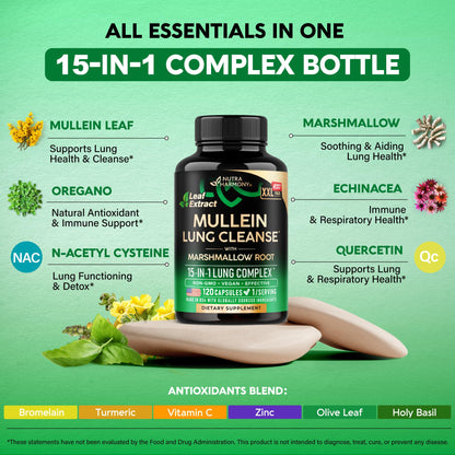 Mullein Lung Detox - Mullein Leaf 10:1 Extract - Marshmallow Root | Echinacea | Oregano | Quercetin | NAC - 15-in-1 Lung Support & Cleanse for Smokers Supplement - for Women & Men - 60 Vegan Capsules