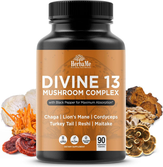HerbaMe 13 Mushroom Extract Complex Capsules with Lion’s Mane, Cordyceps, Turkey Tail, Reishi & Chaga – Brain, Energy & Immune Support Supplement with Black Pepper for Absorption, 90 Count