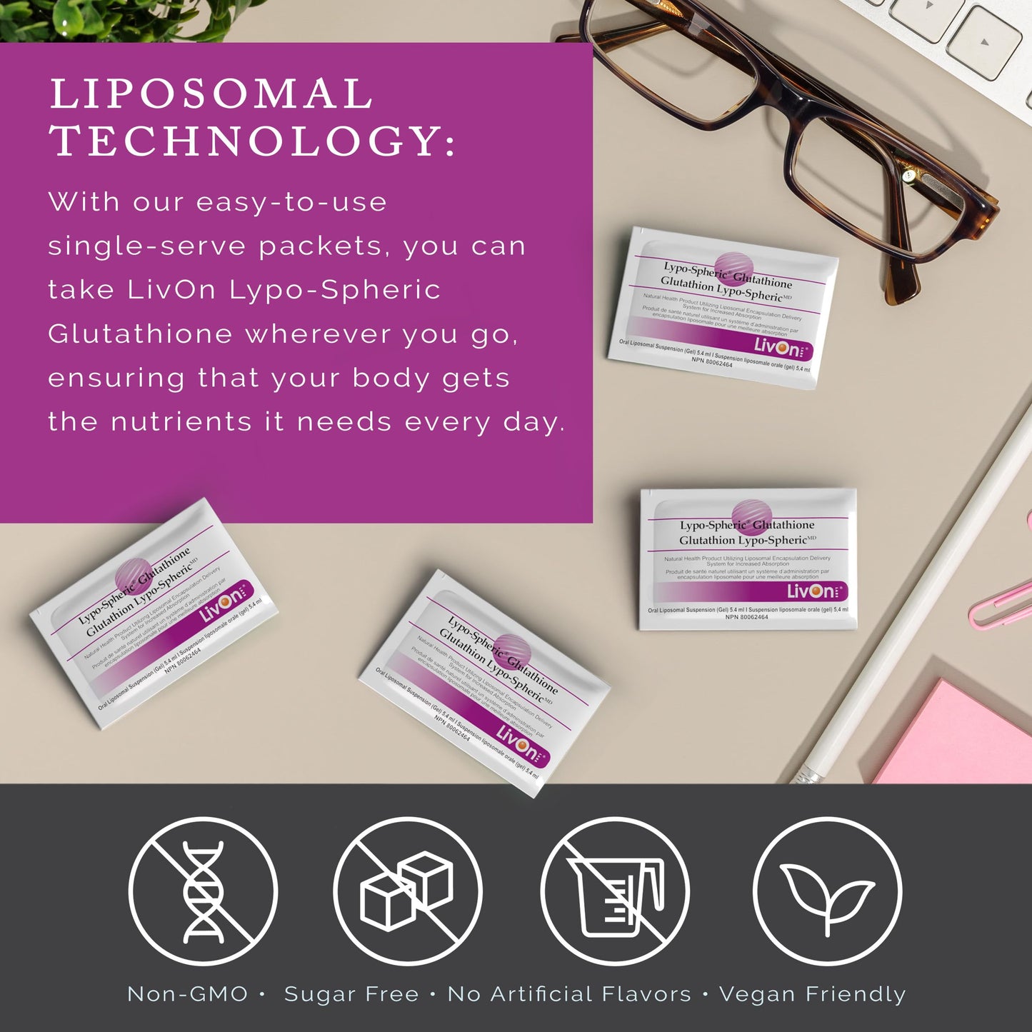 LivOn Laboratories Lypo-Spheric Glutathione - 30 Packets – 450 mg Glutathione Per Packet – Liposome Encapsulated for Maximum Bioavailability – Professionally Formulated – 100% Non-GMO