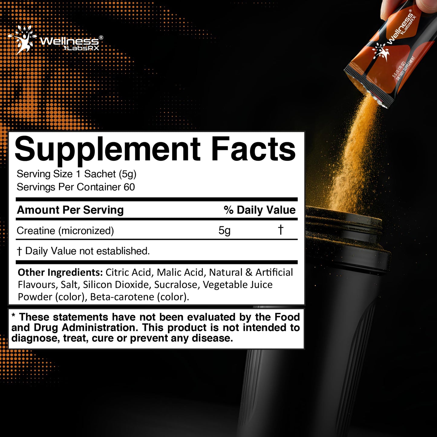 WELLNESS LABSRX Creatine Monohydrate Powder Sachets 300g – Fruit Punch Flavor Micronized Creatine Powder Supplement, Creatine for Women and Men, Supports Strength, Energy, Performance - 60 Servings