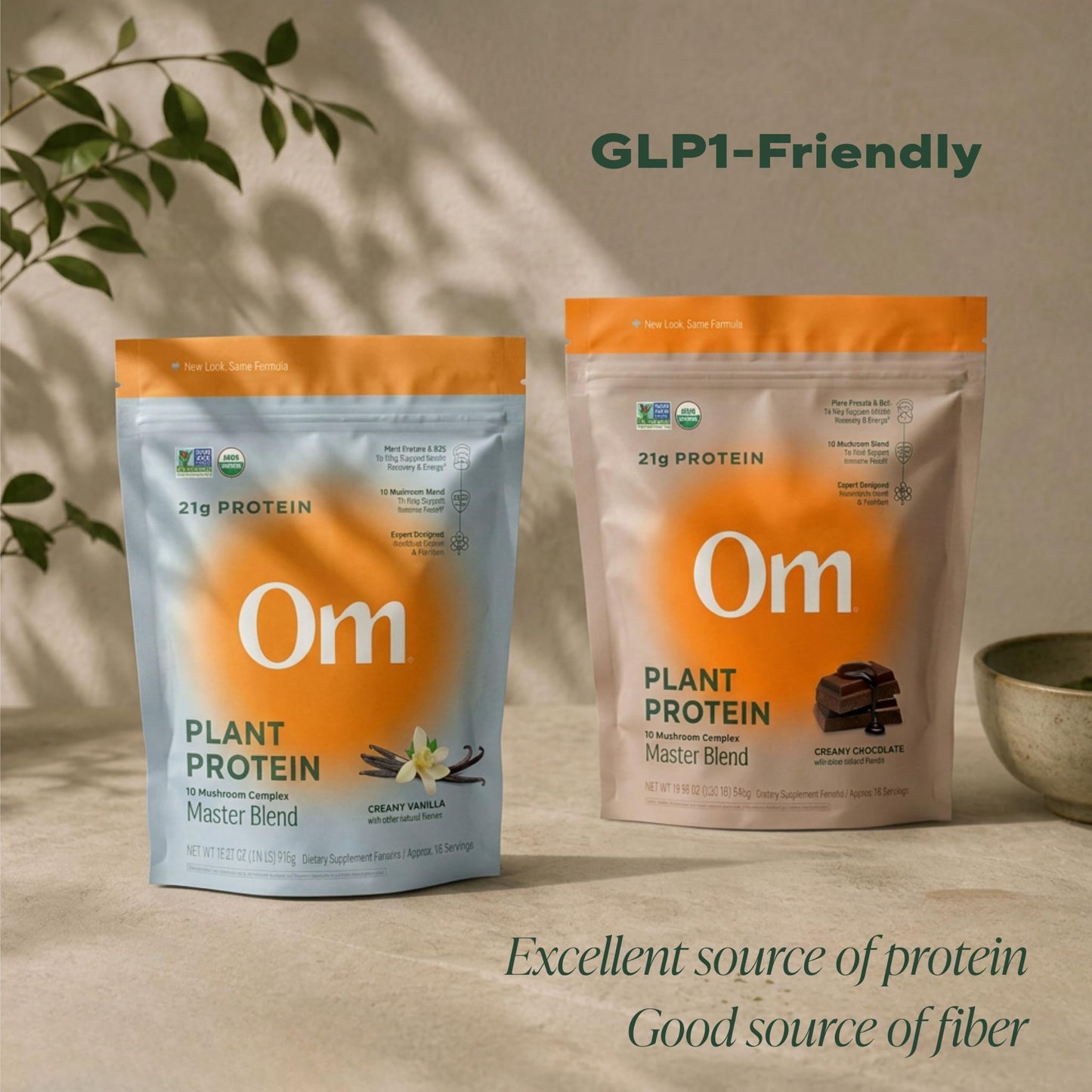OM MUSHROOM SUPERFOOD Master Blend Vegan Protein – Organic Vanilla Plant Protein Powder, GLP-1 Friendly, Excellent Source of Protein, Good Source of Fiber, 10 Functional Mushrooms – 16 Servings