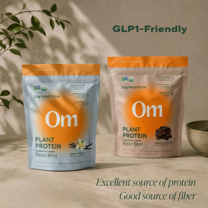 OM MUSHROOM SUPERFOOD Master Blend Vegan Protein – Organic Vanilla Plant Protein Powder, GLP-1 Friendly, Excellent Source of Protein, Good Source of Fiber, 10 Functional Mushrooms – 16 Servings