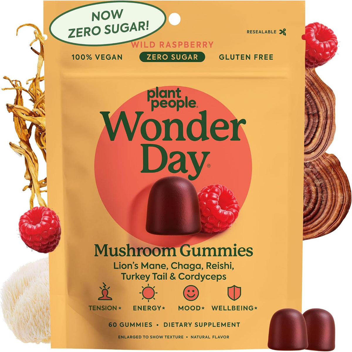 Plant People WonderDay Mushroom Gummies for Energy, Raspberry, 60ct