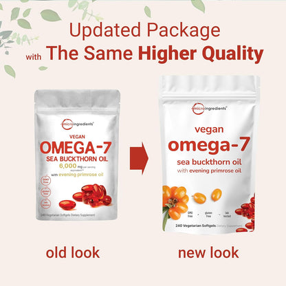 Vegan Omega-7 Sea Buckthorn Oil, 240 Vegetarian Softgels | 2-in-1 with Evening Primrose Oil | Plant Based Botanical Oil Blend | Non-GMO, Gluten, & Carrageenan Free