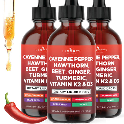 Cayenne Pepper Supplement Liquid Drops + Hawthorn Berry, Vitamin D3 K2 Beet Root Powder, Ceylon Cinnamon, Turmeric Curcumin, Organic Panax Ginseng - 4oz