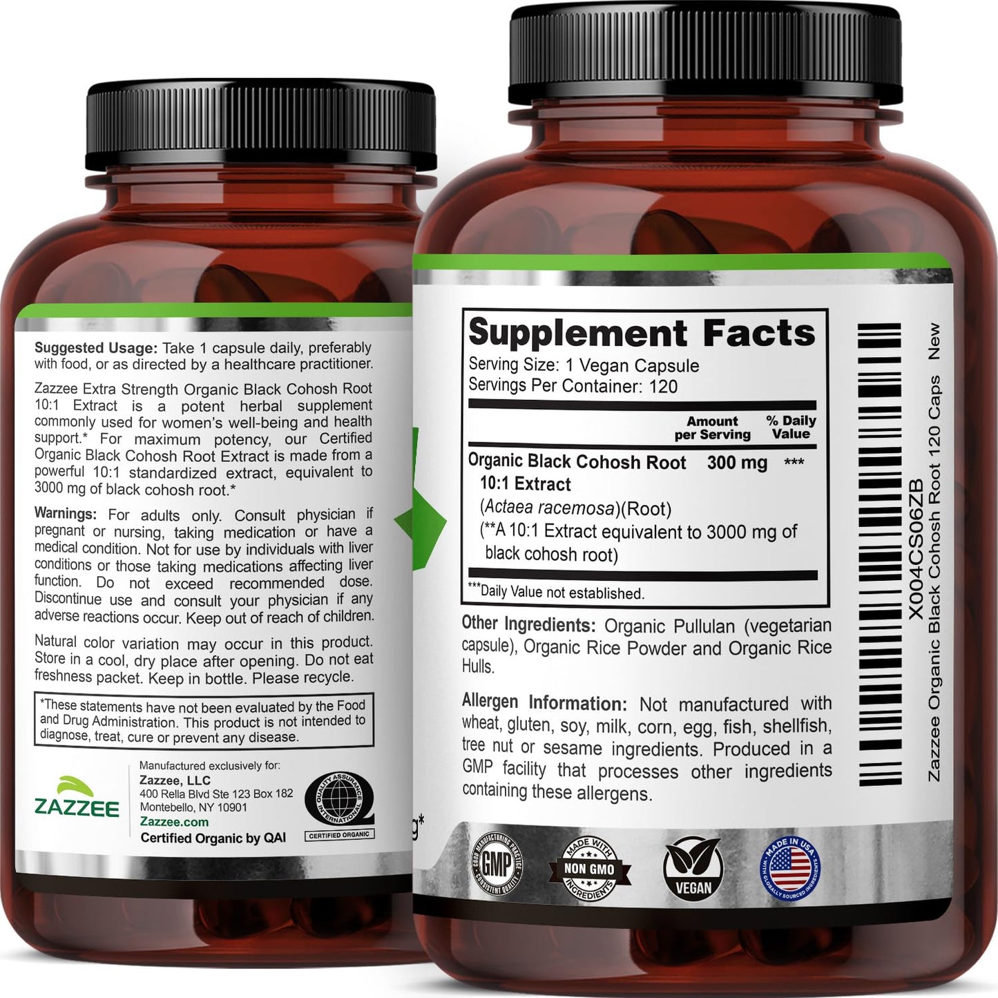 Zazzee USDA Organic Black Cohosh 10:1 Extract, 120 Vegan Capsules, 4 Month Supply, Actaea Racemosa, Women’s Health & Hormonal Balance Support, All-Natural, Non-GMO, Made in the USA