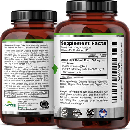 Zazzee USDA Organic Black Cohosh 10:1 Extract, 120 Vegan Capsules, 4 Month Supply, Actaea Racemosa, Women’s Health & Hormonal Balance Support, All-Natural, Non-GMO, Made in the USA