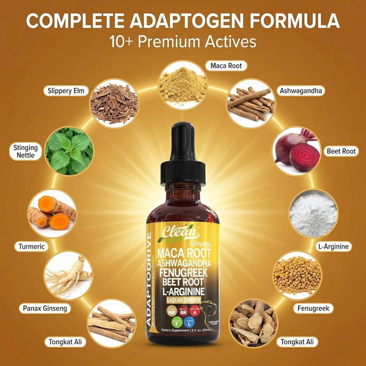Clean Nutra Organic Maca Root Liquid Drops with Ashwagandha, Fenugreek, Beet Root and L-Arginine Liquid Multivitamin for Women and Men - Adapto Drive