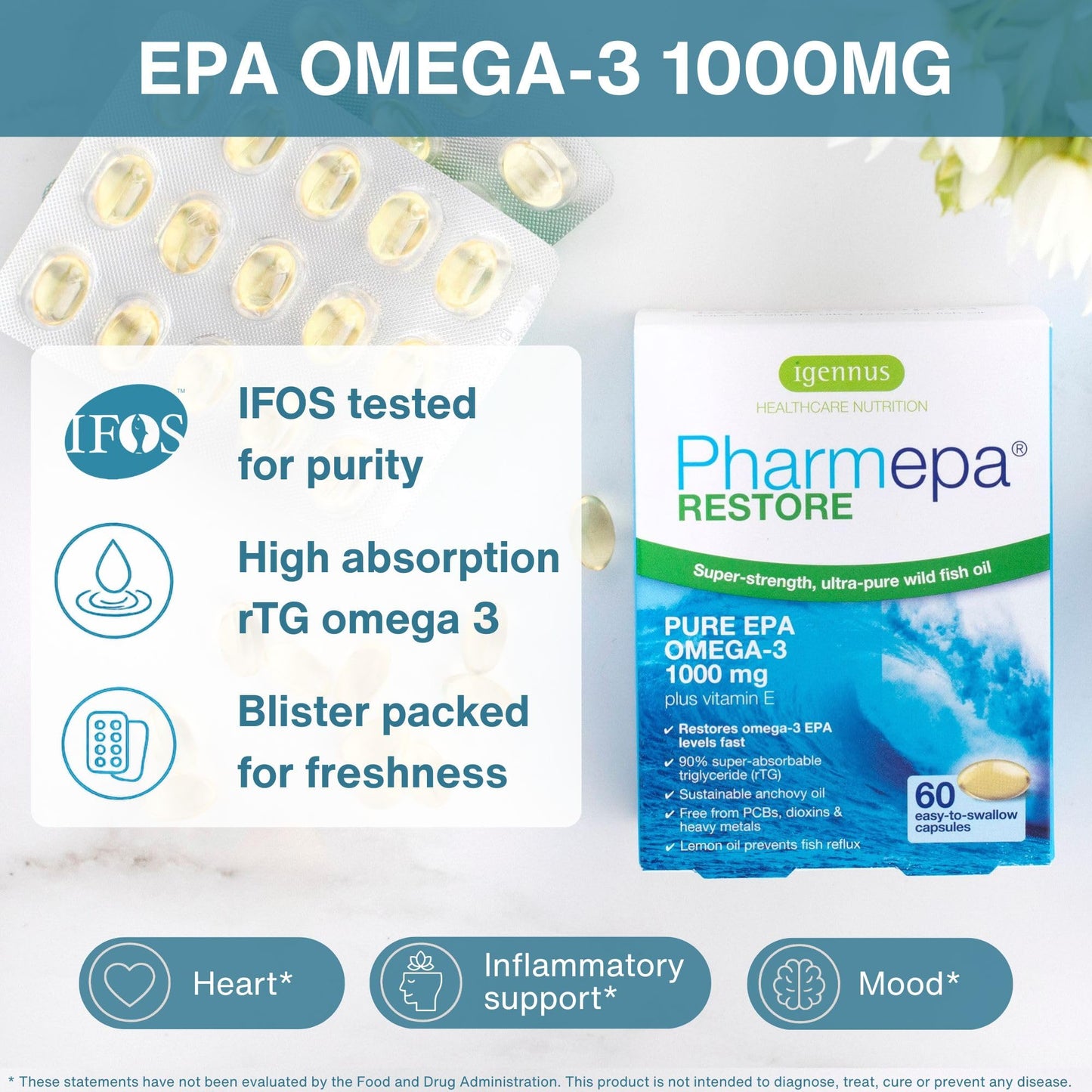 Igennus Pharmepa Restore, Pure EPA 1000mg, IFOS Certified, 90% High Concentration, rTG Omega-3 for High Absorption, Triple Strength, Wild Fish Oil, 60 Softgels