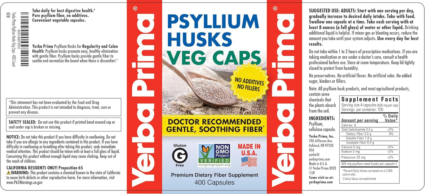 Yerba Prima Psyllium Husks Veg Caps, 400 Capsules (625mg) - Vegan, Non-GMO, Gluten Free, Colon Cleanser, Daily Fiber Supplement for Gut Health & Regularity