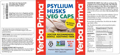 Yerba Prima Psyllium Husks Veg Caps, 400 Capsules (625mg) - Vegan, Non-GMO, Gluten Free, Colon Cleanser, Daily Fiber Supplement for Gut Health & Regularity