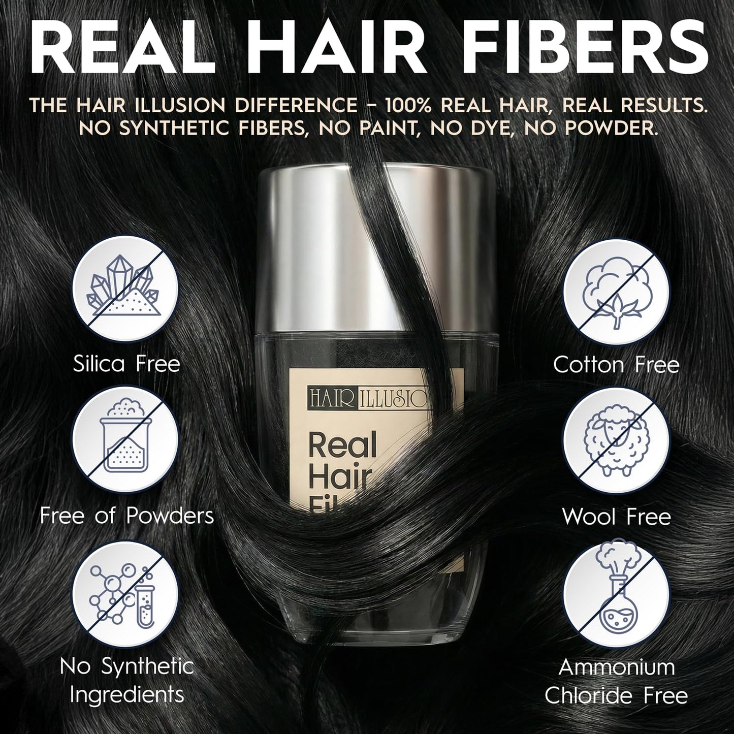 Hair Illusion 100% Natural Human Hair Fibers Not Synthetic for Men and Women, Premium Hair Building Formulation, Large, 38 g Bottle, Jet Black
