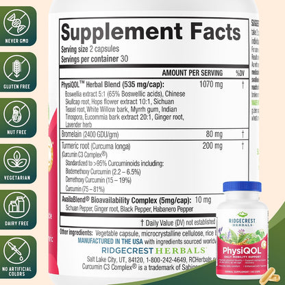 RidgeCrest Herbals PhysiQOL Turmeric Boswellia Joint Comfort 60 Ct | 30 Servings, Vegan Capsules, Natural Herbal Blend, Daily Wellness Support Formula for Adults and Seniors