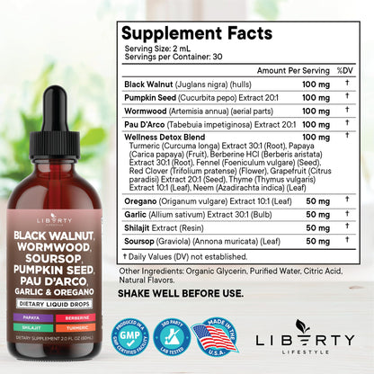 Defend Wormwood Black Walnut Cleanse for Humans Drops Liquid Soursop Garlic Pumpkin Seed PAU D'Arco Oil of Oregano Turmeric Berberine Neem Extract Hull Bark Tincture - 4 OZ