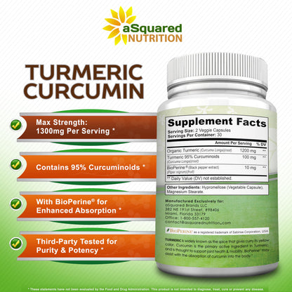 aSquared Nutrition Turmeric Curcumin 1300mg with BioPerine Black Pepper Extract - 180 Capsules - with 95% Curcuminoids, 100% Natural Tumeric Root Powder Supplements, Pure & Joint Stiffness Pills