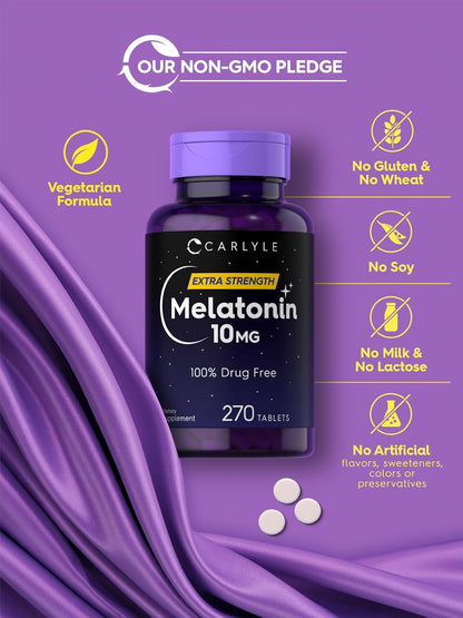 Carlyle Melatonin 10mg | 270 Tablets | with L-Theanine | Vegetarian, Non-GMO, Gluten Free Supplement