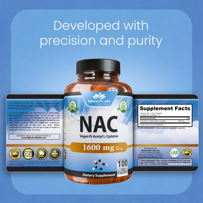 NaturaLife Labs N-Acetyl-L-Cysteine (NAC) 1600 mg – 100 Capsules - Vegan, Non-GMO & Gluten-Free