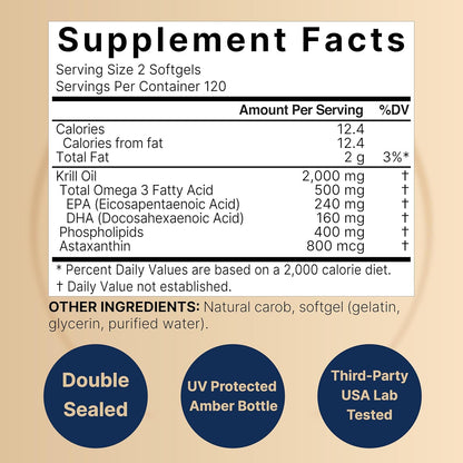 NatureBell Antarctic Krill Oil 2000mg Supplement, 240 Softgels, 3X Strength Natural Source of Omega-3s, EPA 240mg + DHA 160mg + Astaxanthin 800mcg – No Fishy Aftertaste – Mercury Free & Non-GMO