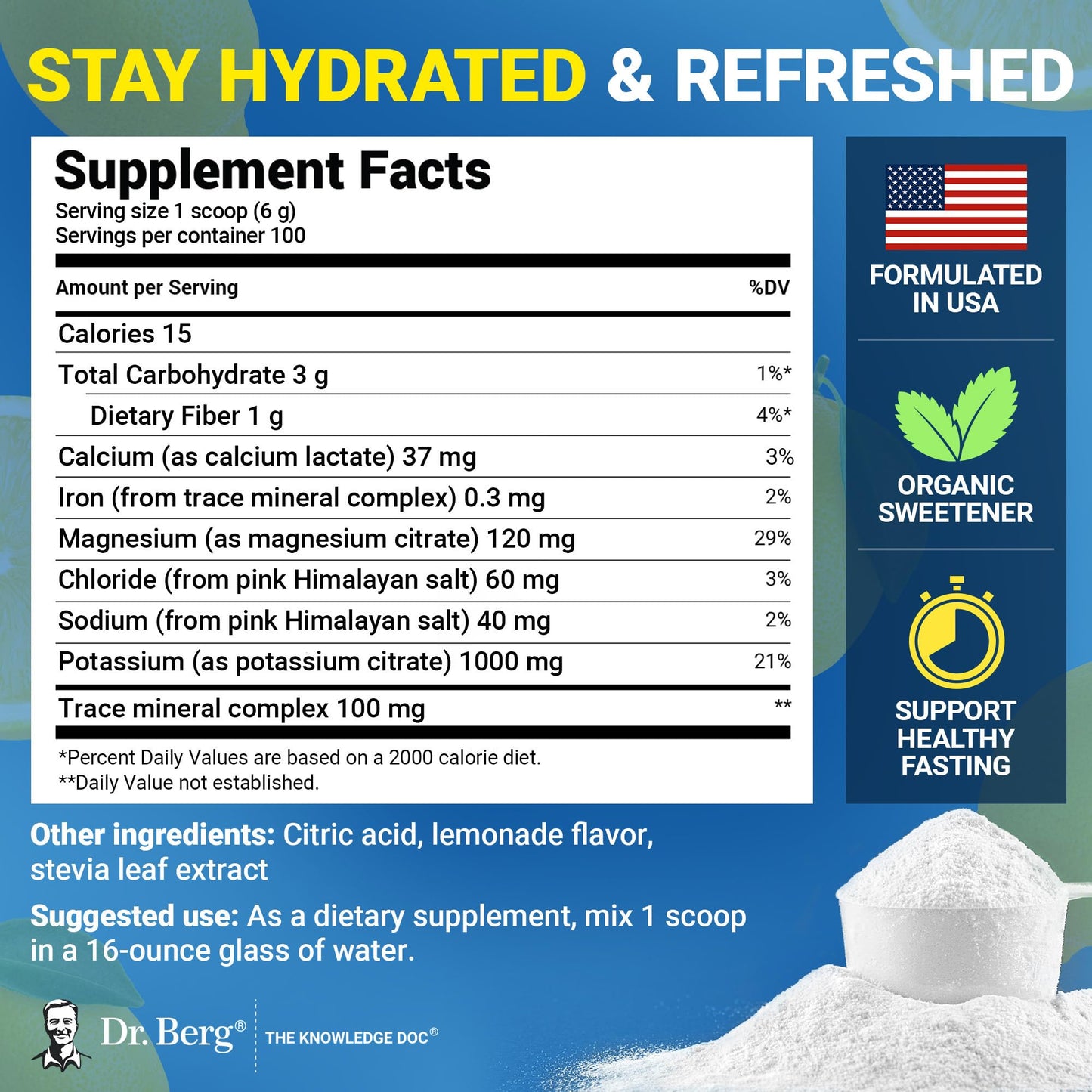 Dr. Berg Zero Sugar Hydration Keto Electrolyte Powder - Enhanced w/ 1000 mg of Potassium & Real Pink Himalayan Salt (NOT Table Salt) - Raspberry & Lemon Flavor Hydration Drink Supplement, 100 Servings