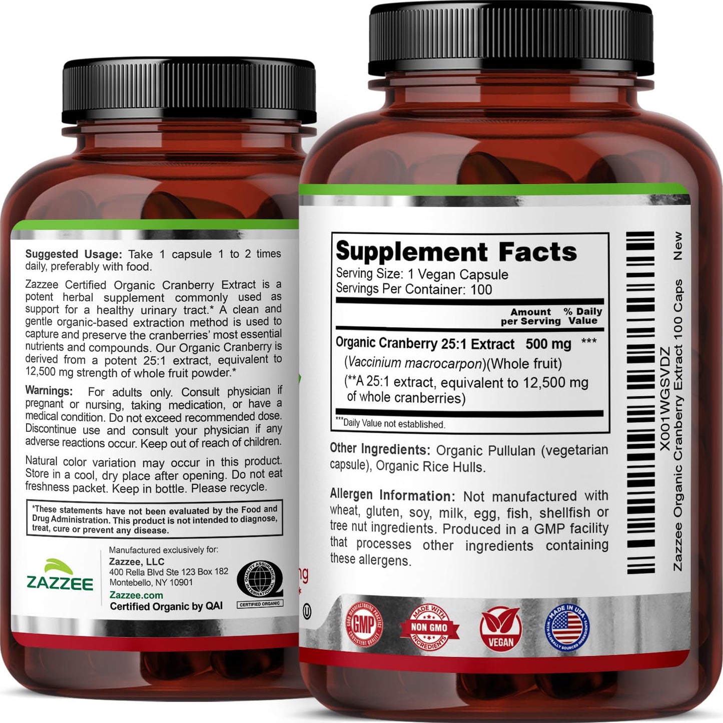 Zazzee USDA Organic Cranberry 25:1 Extract, 500 mg per Capsule, 100 Vegan Capsules, 3+ Month Supply, Certified Kosher, Vaccinium Macrocarpon, Non-GMO, Made in the USA