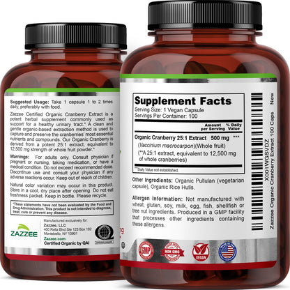 Zazzee USDA Organic Cranberry 25:1 Extract, 500 mg per Capsule, 100 Vegan Capsules, 3+ Month Supply, Certified Kosher, Vaccinium Macrocarpon, Non-GMO, Made in the USA