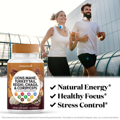 Superfood MD Lions Mane Mushroom Supplement with Turkey Tail Reishi Cordyceps Chaga with Marshmallow Root - 120 Count